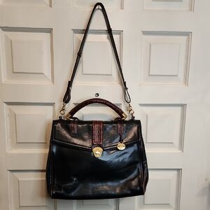 Brahmin Black Satchel with Brown Croc-Trim and Gold Hardware